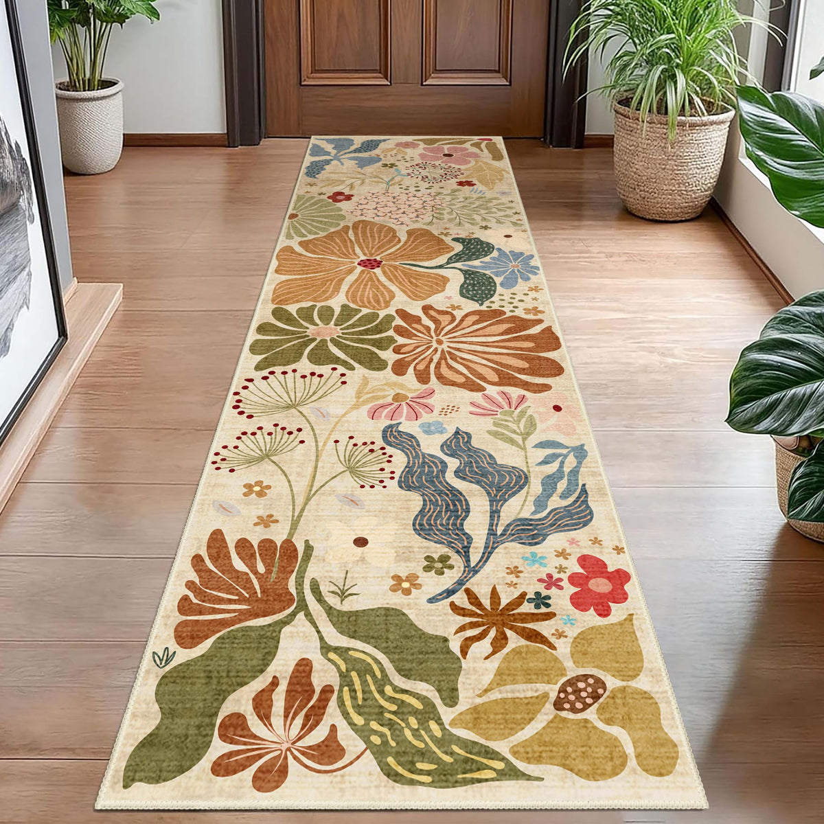 MUJOO Pink Washable 2x6 Runner Rugs Floral Area Rugs Non Slip Low-Pile