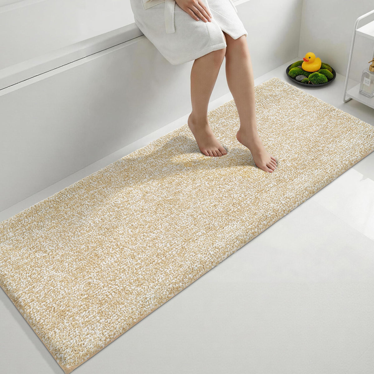 Yimobra Non Slip Machine Washable Bathroom Rug 24x17 Light Beige and White
