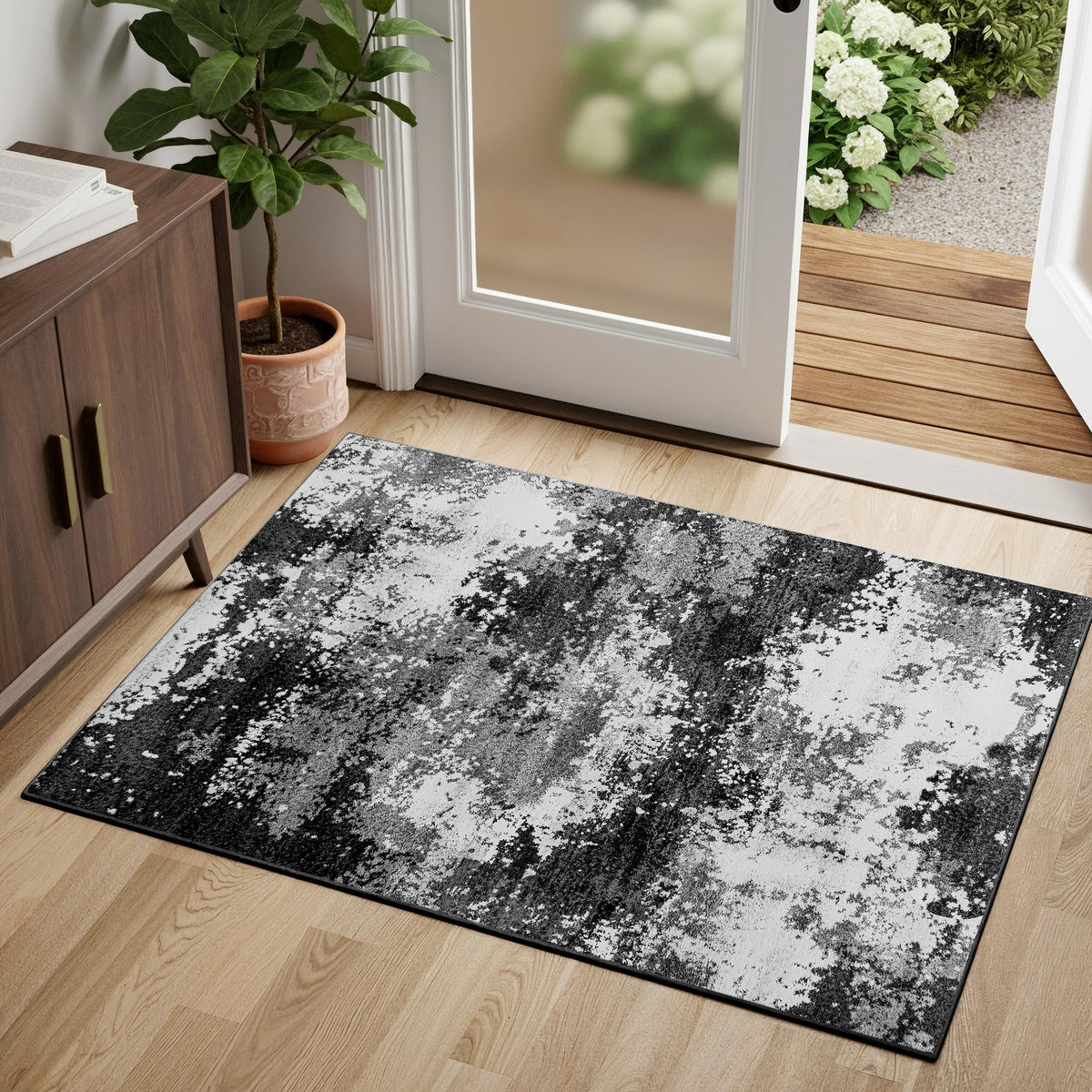 Entryway Rug 2x3 Grey Door Mat Indoor Entrance 24x36, Washable Small Throw Rugs for Kitchen Floor, Entry, Front Door, Bedroom Bedside, Non-Slip Low Pile Stain & Fade Resistant, Abstract Gray