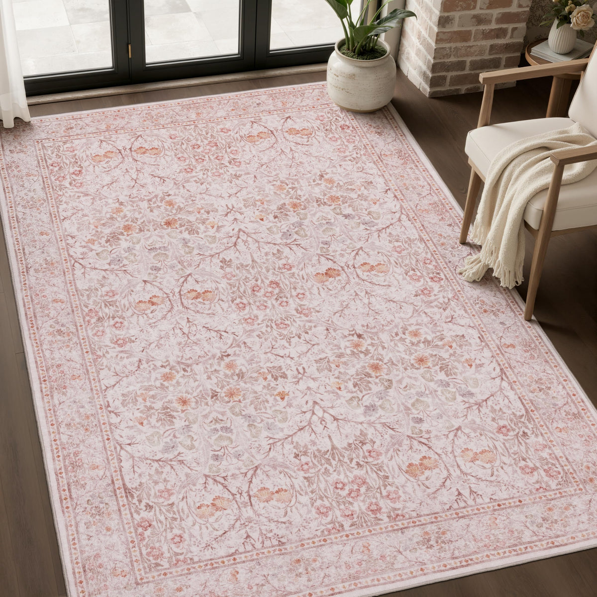 JOLLYVOGUE Entryway Rug, 2x3 Washable Vintage Floral Rug, Beige