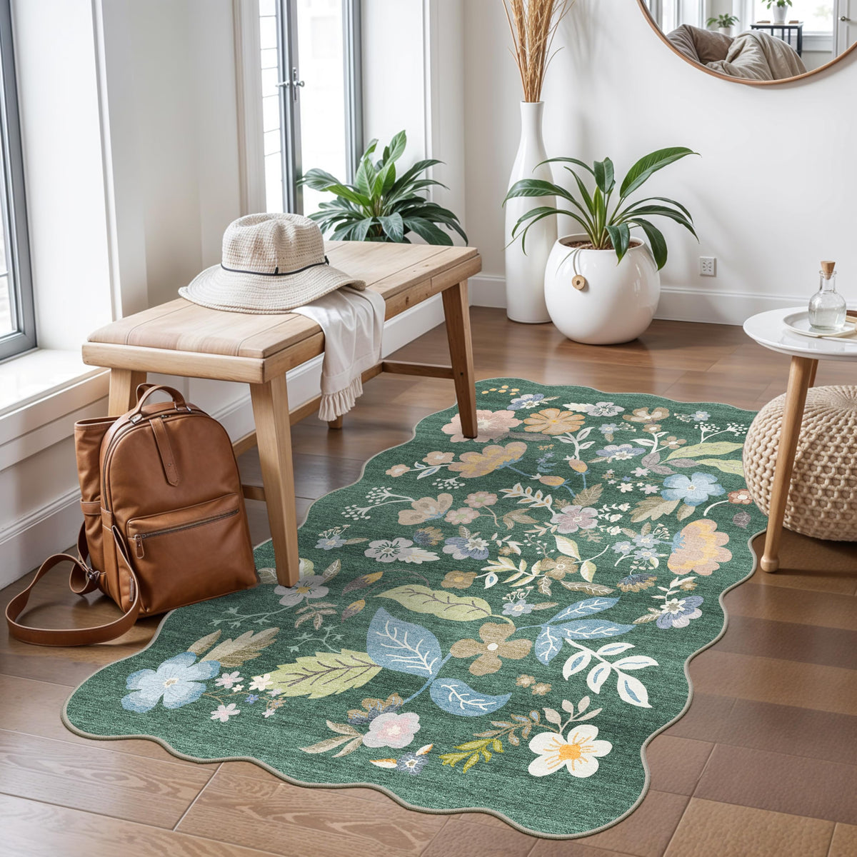 2x4 Rug Washable for Entryway - Non-Slip Scalloped Floral Throw Rug Black