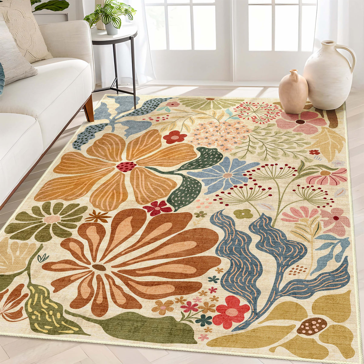 MUJOO Pink Washable 2x6 Runner Rugs Floral Area Rugs Non Slip Low-Pile