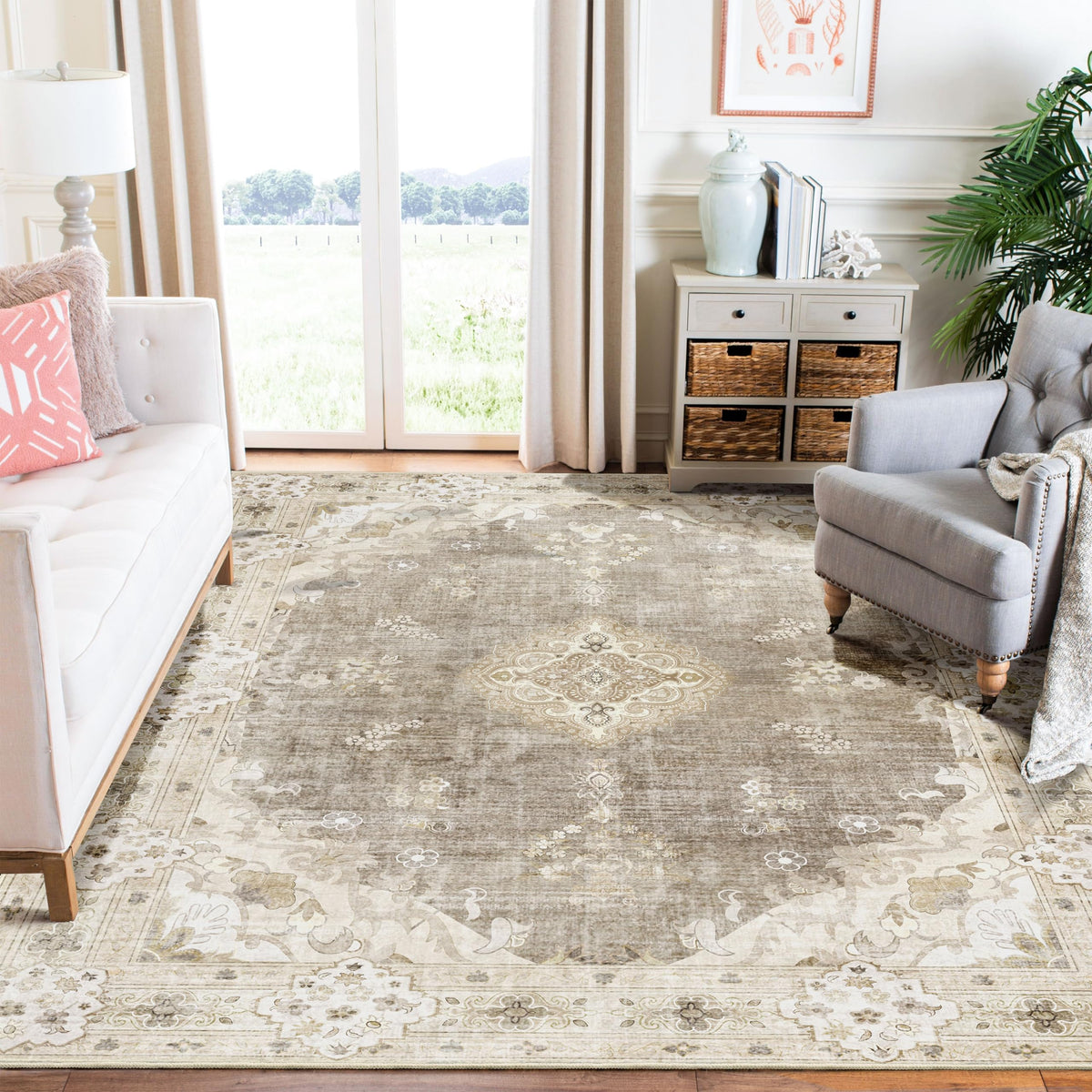 MUJOO Pink Rug 3x5 Washable,Boho Area Rugs Small Non Slip Low-Pile Floral