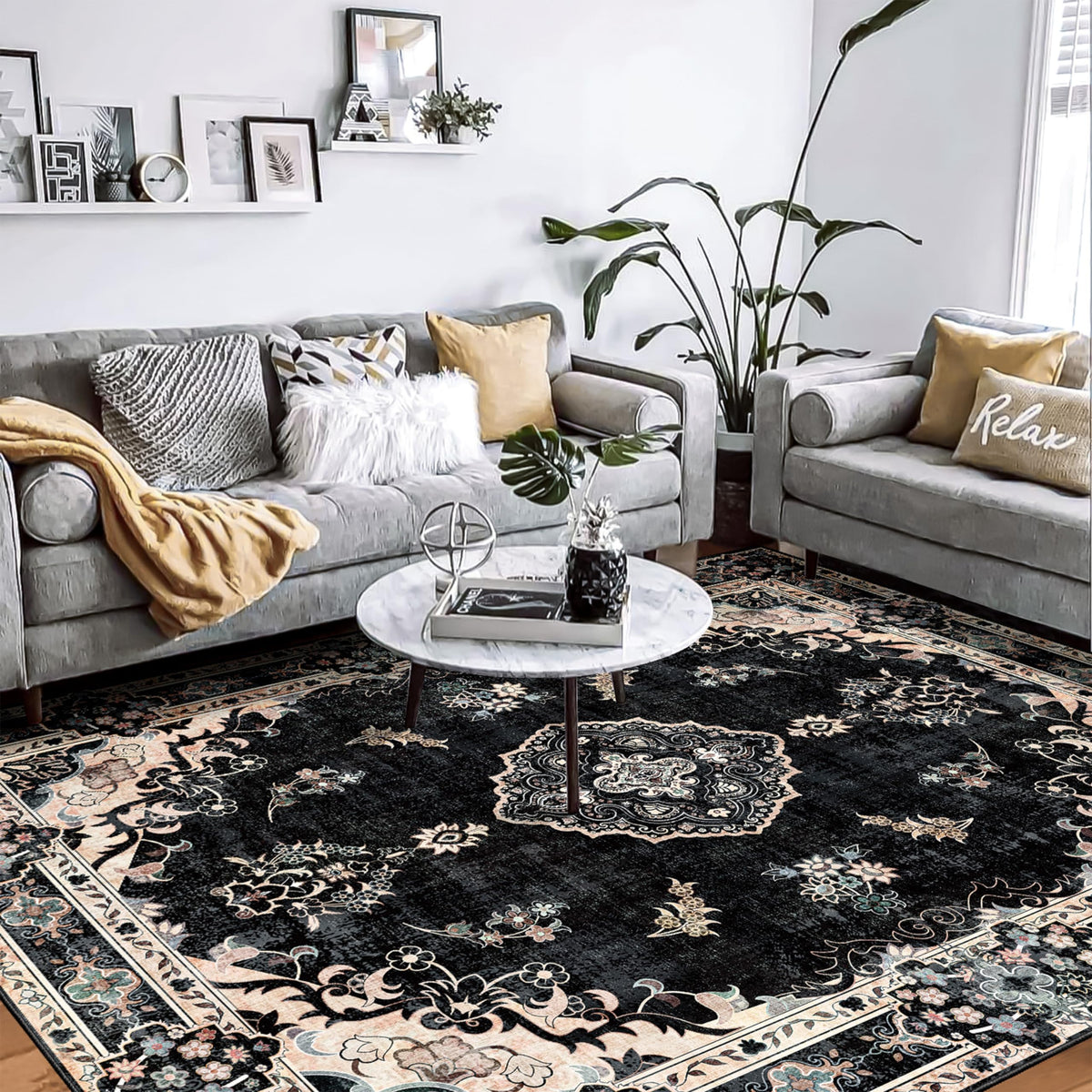 MUJOO Pink Rug 3x5 Washable,Boho Area Rugs Small Non Slip Low-Pile Floral