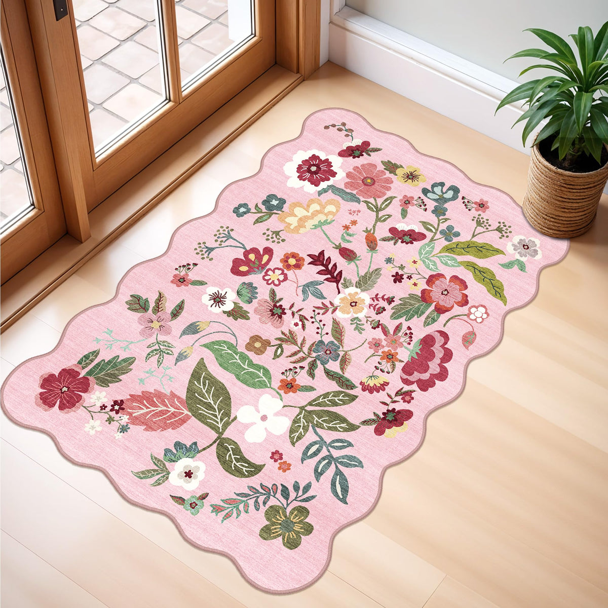 2x4 Rug Washable for Entryway - Non-Slip Scalloped Floral Throw Rug Black