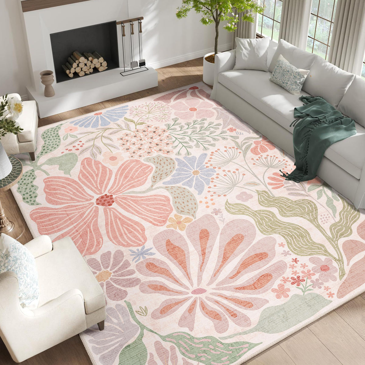 MUJOO Pink Washable 2x6 Runner Rugs Floral Area Rugs Non Slip Low-Pile