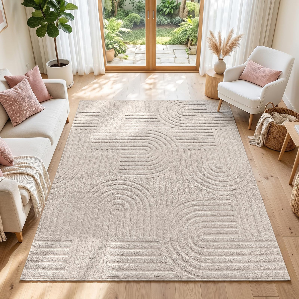 SHACOS Soft Fluffy Arch Pattern Area Rug 2'7"x5' Non Slip Washable Minimalist Modern High-Low Geometric Carpet for Living Room Kitchen Bedroom Bathroom, Beige