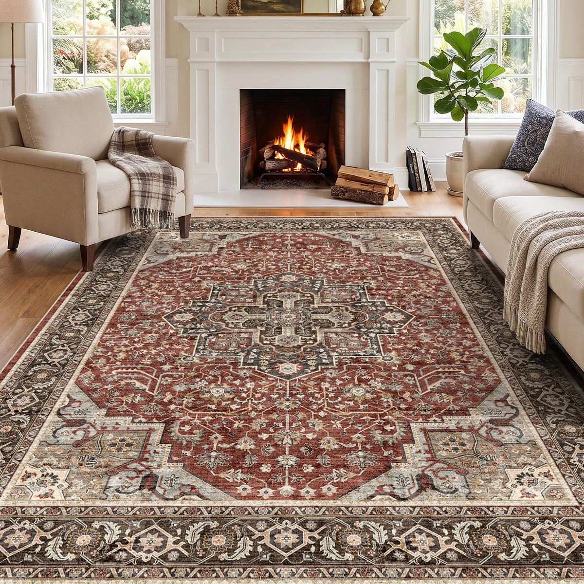 2x3 Washable Entryway Area Rug - Non-Slip Boho Throw Rugs Beige Gray