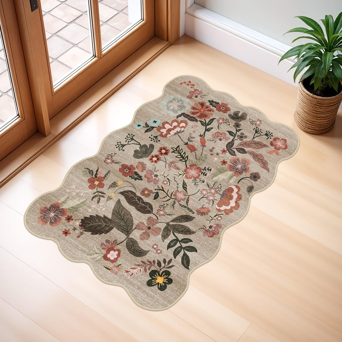 2x4 Rug Washable for Entryway - Non-Slip Scalloped Floral Throw Rug Black