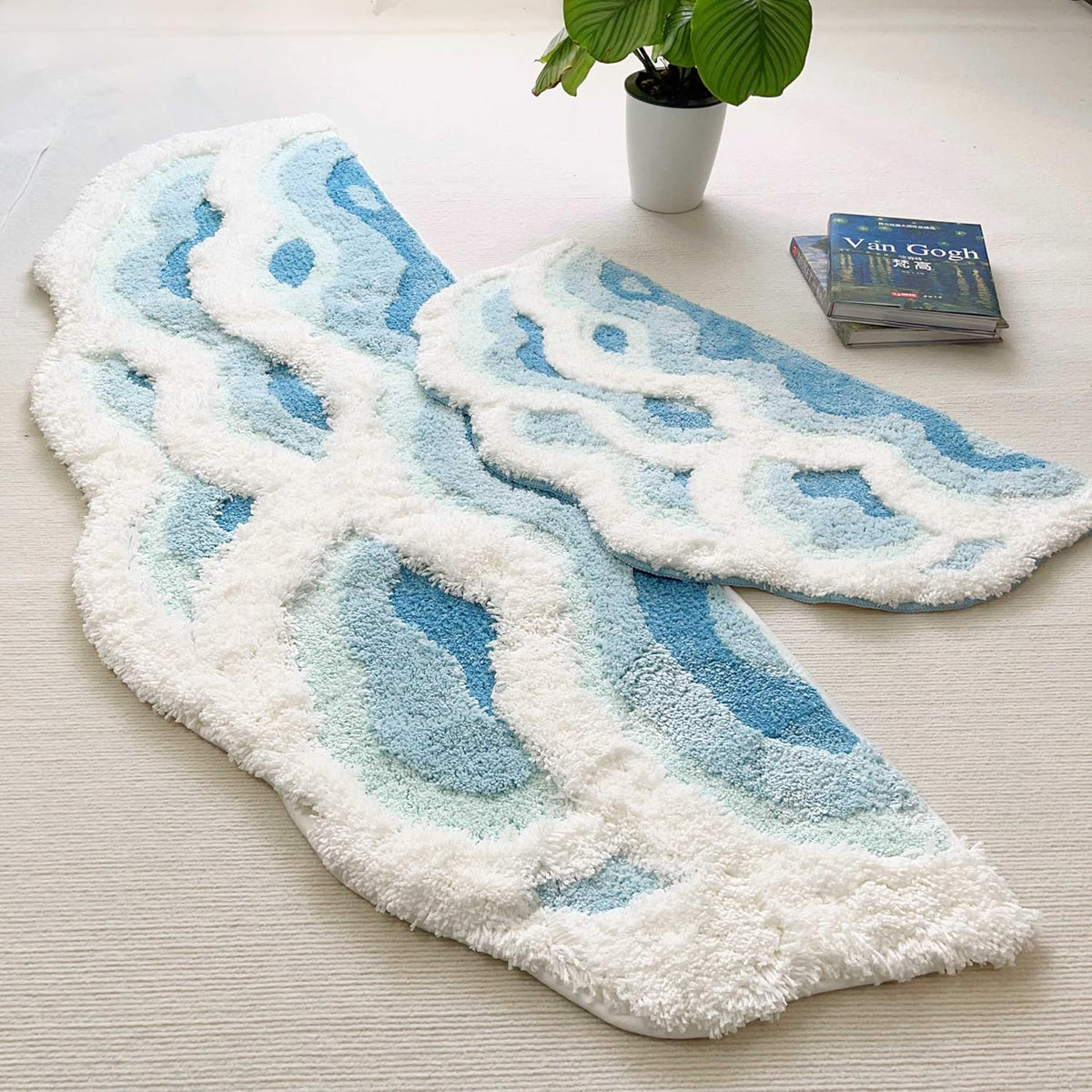 Soft Shag 3D Stereo Wave Moss Bedside Rug 20"×36" Cute Navy Blue Runner Rug Non Slip Washable Bathroom Rugs Bath Mats for Bedroom Bathroom Hallway Home Decor Indoor Doormat Shower Mat