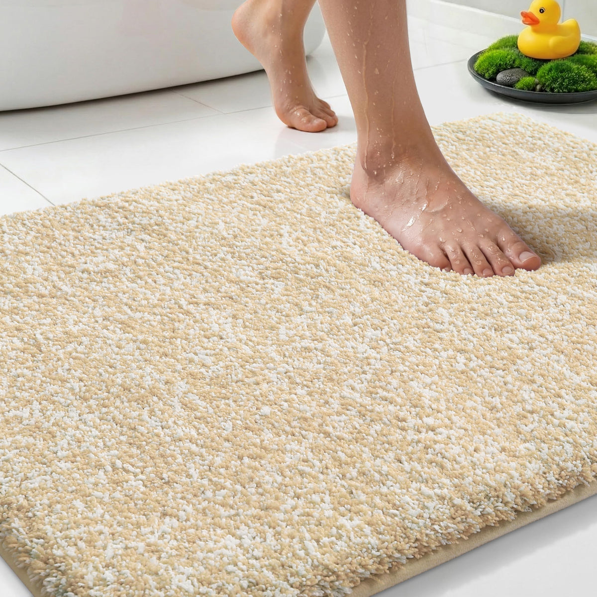 Yimobra Non Slip Machine Washable Bathroom Rug 24x17 Light Beige and White