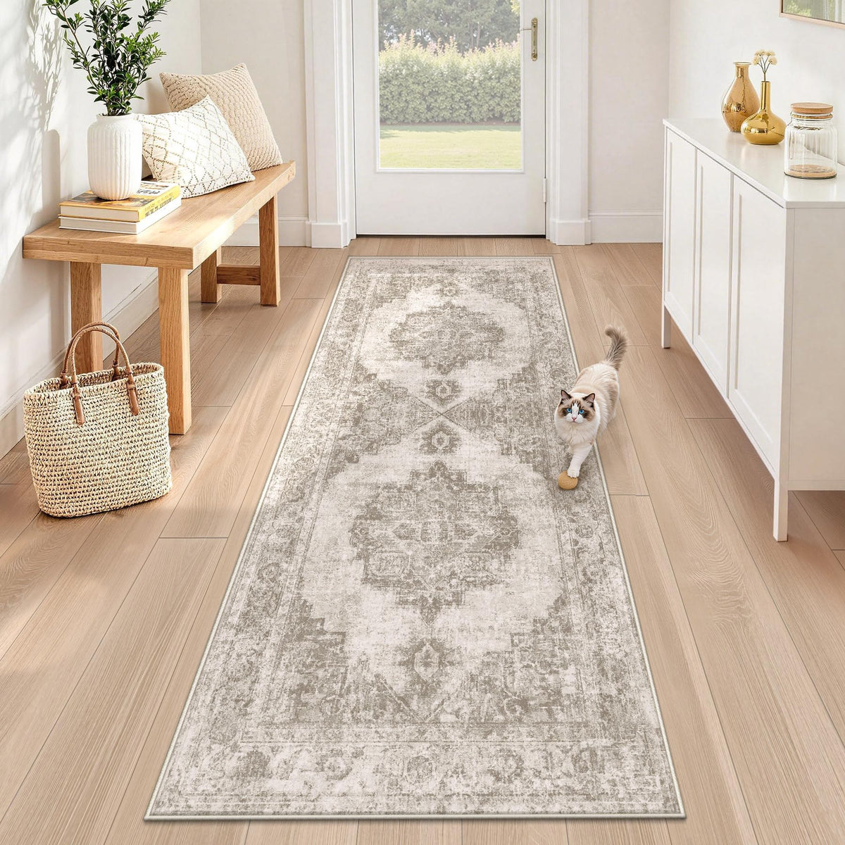 Runner Rug 2x6 Washable Rugs: Vintage Hallway Kitchen Runner Non Slip Low Pile Rug Runner Soft Stain Resistant Indoor Carpet Runners for Entryway Hall Bedroom Bedside (Beige, 2'x6')