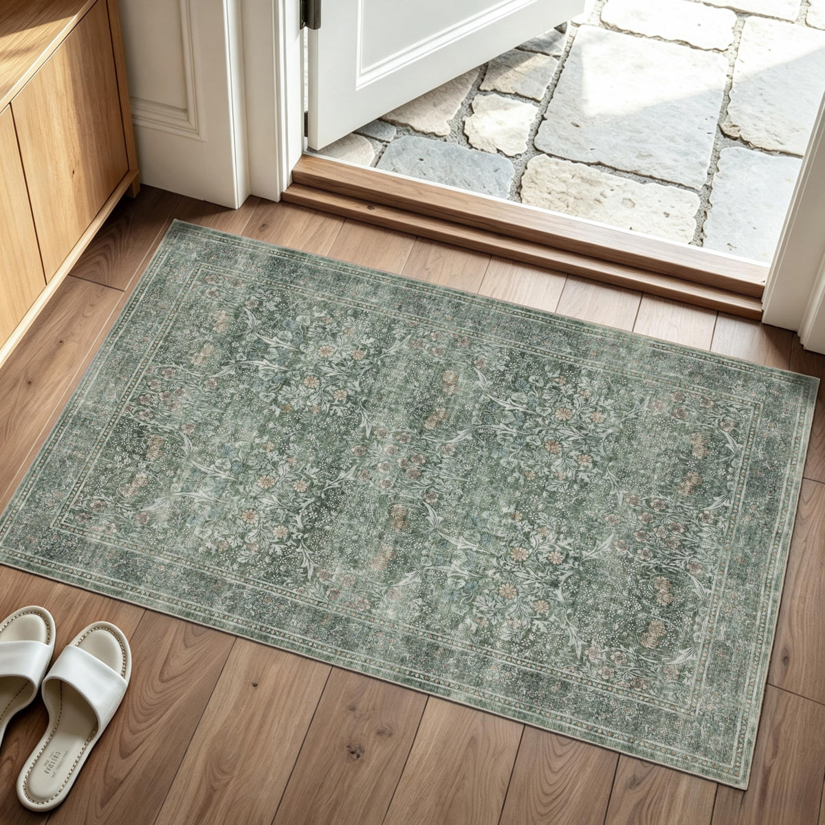 JOLLYVOGUE Entryway Rug, 2x3 Washable Vintage Floral Rug, Beige