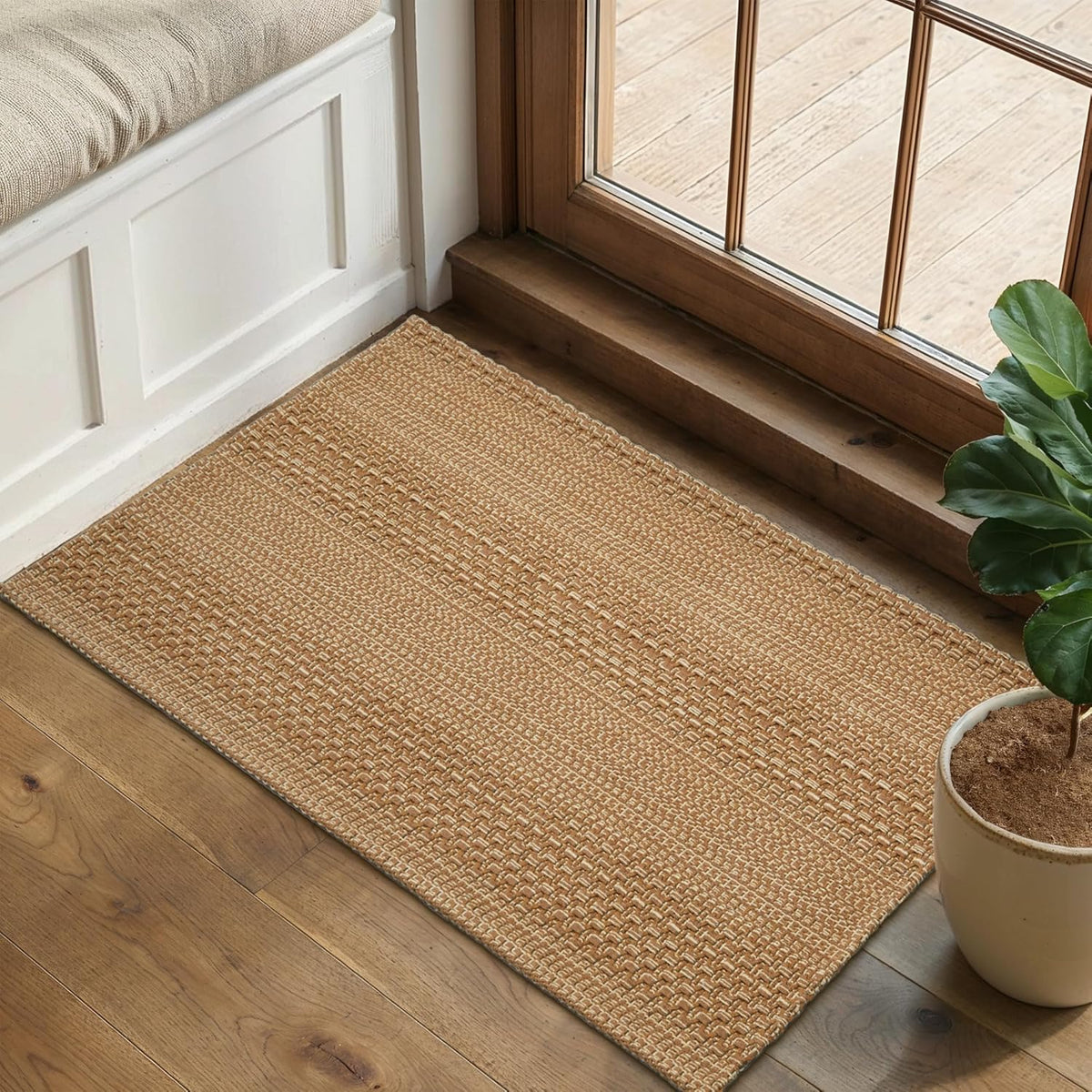MatEssenz 2x3 Textured Washable Entry Rug, Natural Woven Low-Profile Door Mat with Non-Slip TPR Backing, Brown, for Entryway, Kitchen, Laundry Room