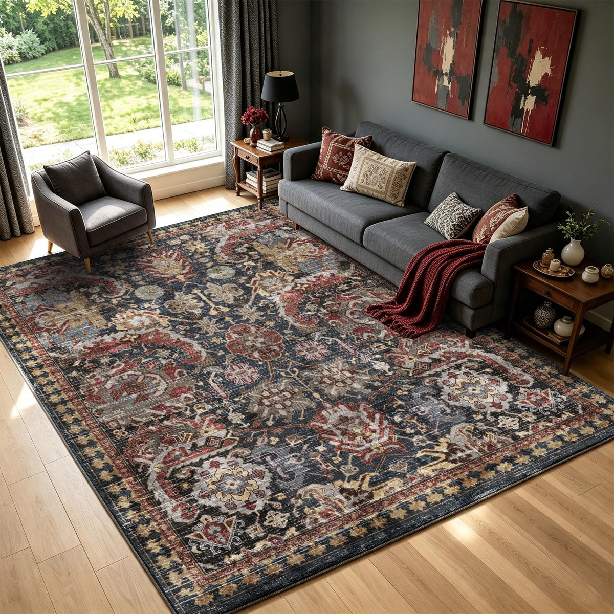 RUGSURE Washable Area Rugs - Perfect for Living Room, Bedroom, Kids Room, Nursery - Stain & Water Resistant Non-Slip, Pet & Child Friendly, Vintage Tribal Area Rugs (Green, 3' x 5 ')