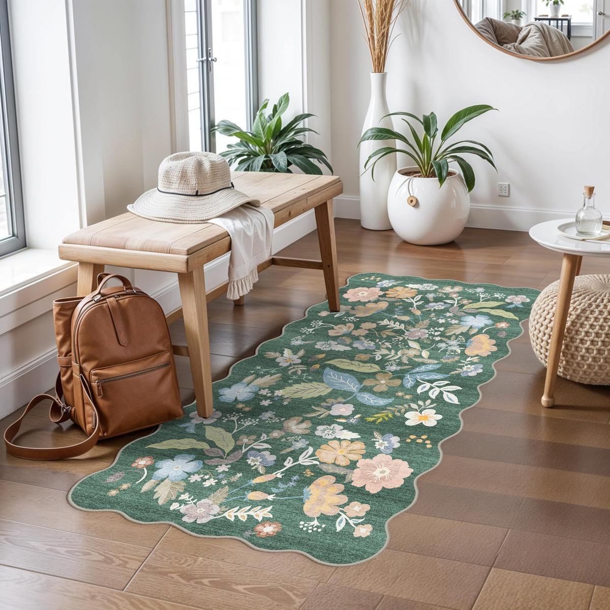 2x4 Rug Washable for Entryway - Non-Slip Scalloped Floral Throw Rug Black