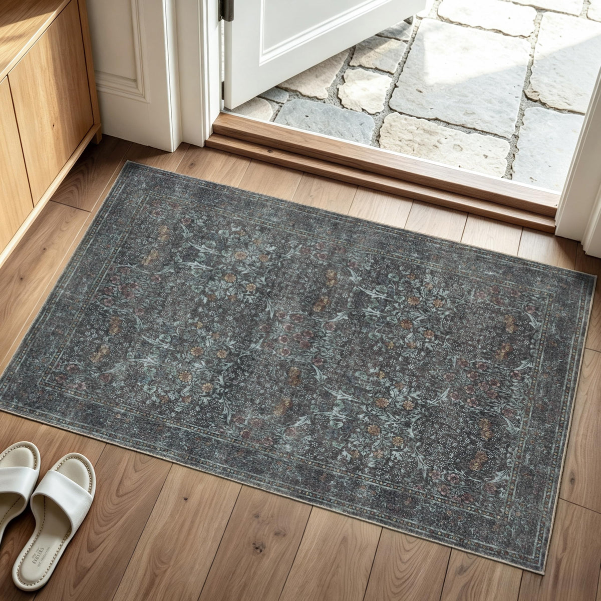 JOLLYVOGUE Entryway Rug, 2x3 Washable Vintage Floral Rug, Beige
