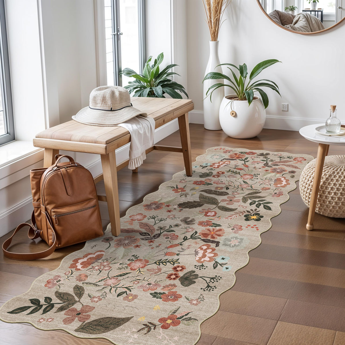 2x4 Rug Washable for Entryway - Non-Slip Scalloped Floral Throw Rug Black