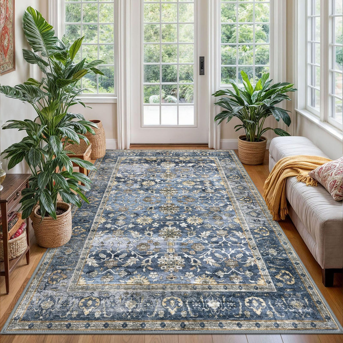 KUTA Vintage Floral Washable 2x3 Rugs for Entryway Blue Grey Beige