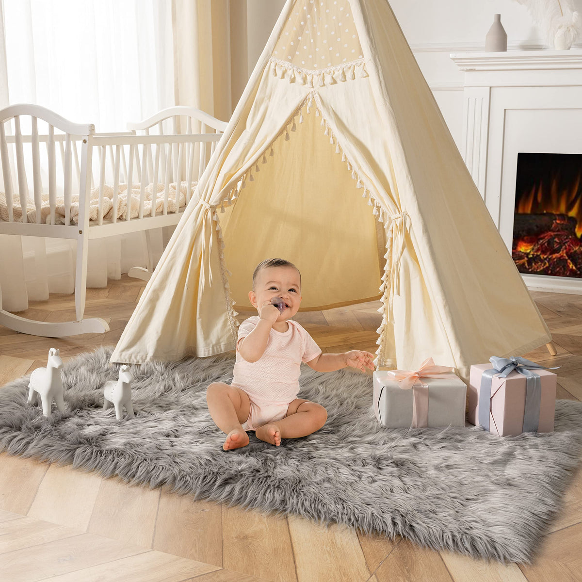 Ashler Faux Fur Rug, White, 2x3 Ft, Machine Washable