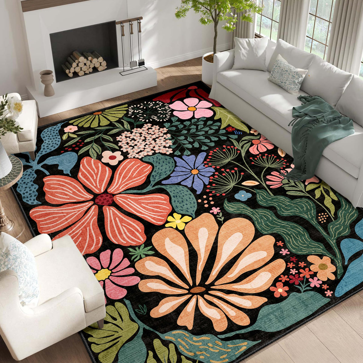 MUJOO Pink Washable 2x6 Runner Rugs Floral Area Rugs Non Slip Low-Pile