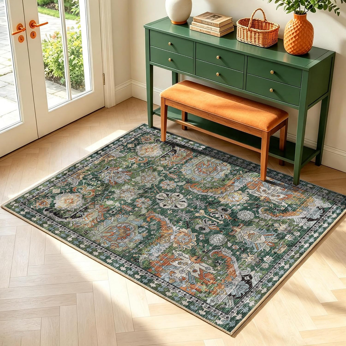 RUGSURE Washable Area Rugs - Perfect for Living Room, Bedroom, Kids Room, Nursery - Stain & Water Resistant Non-Slip, Pet & Child Friendly, Vintage Tribal Area Rugs (Green, 3' x 5 ')