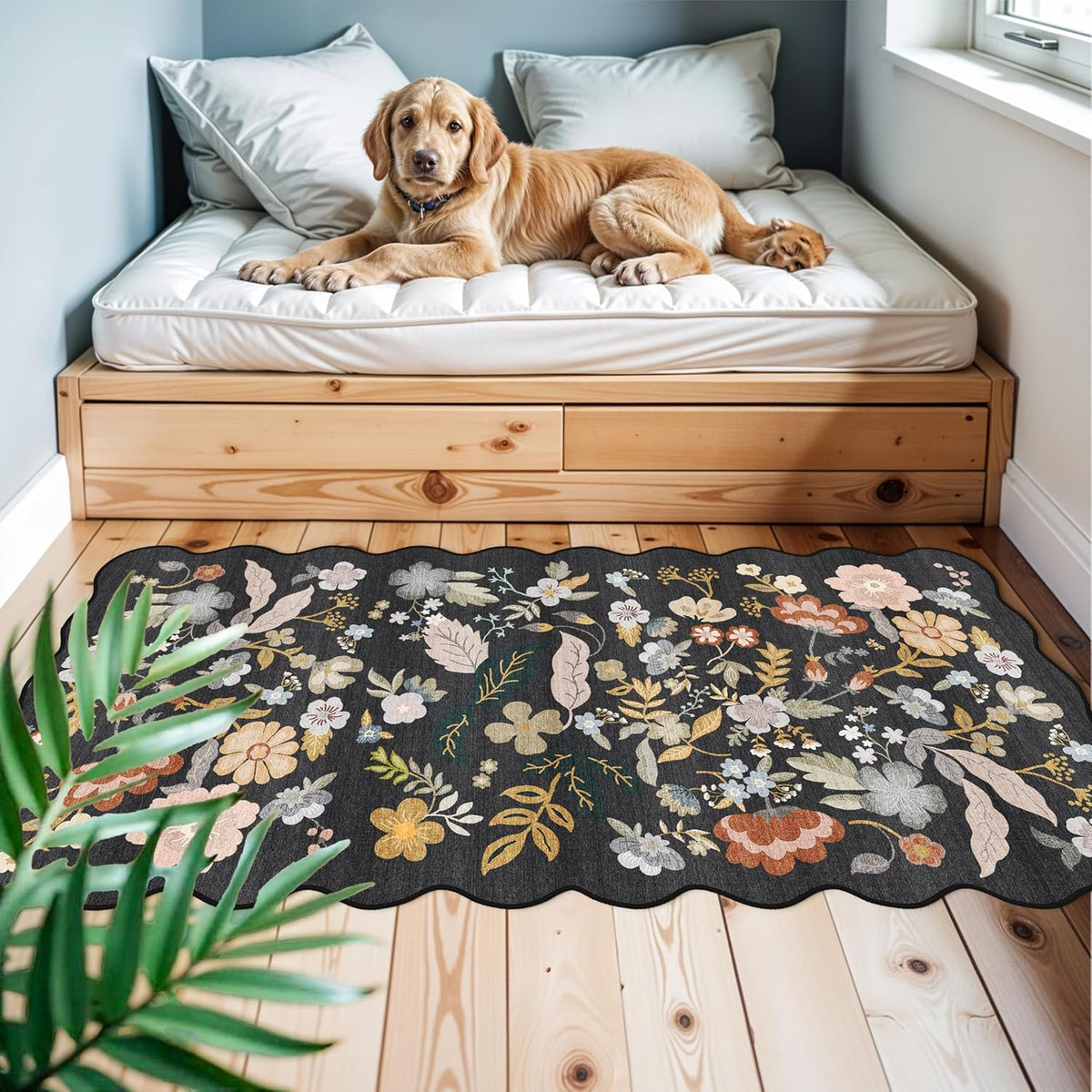 2x4 Rug Washable for Entryway - Non-Slip Scalloped Floral Throw Rug Black