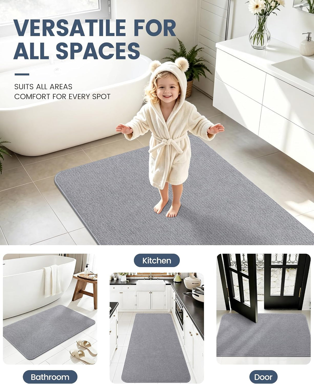 Smiry Ultra Thin Bath Mat 30X20, Non Slip Rubber Washable Bathroom Rugs