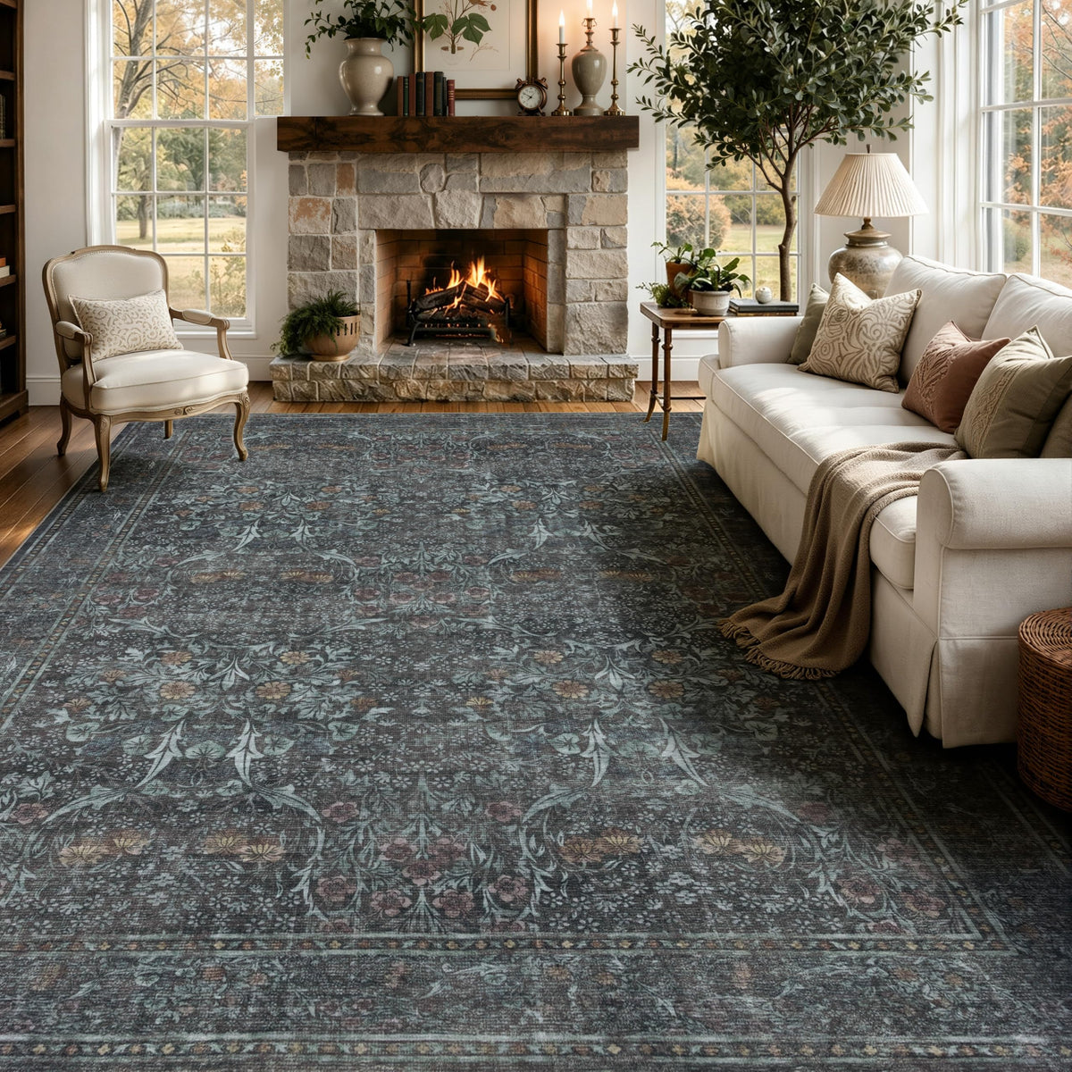 JOLLYVOGUE Entryway Rug, 2x3 Washable Vintage Floral Rug, Beige