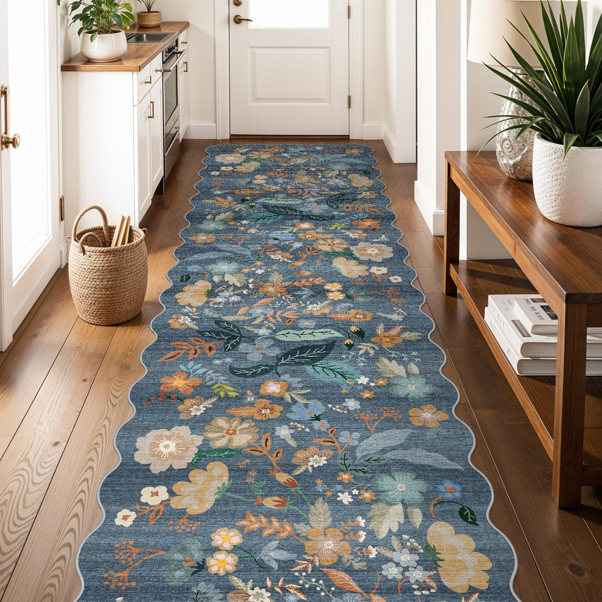 2x4 Rug Washable for Entryway - Non-Slip Scalloped Floral Throw Rug Black