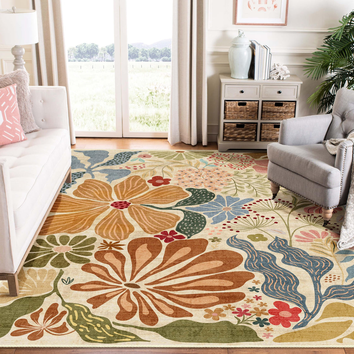 MUJOO Pink Washable 2x6 Runner Rugs Floral Area Rugs Non Slip Low-Pile
