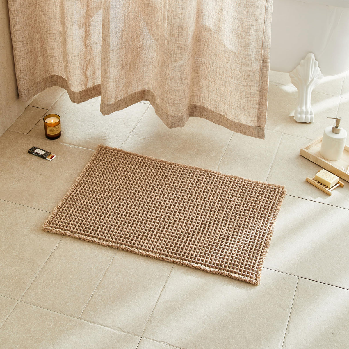 TYUU Waffle Bath Mat, Boho Bathroom Rugs Non Slip Washable, 30x20 Khaki