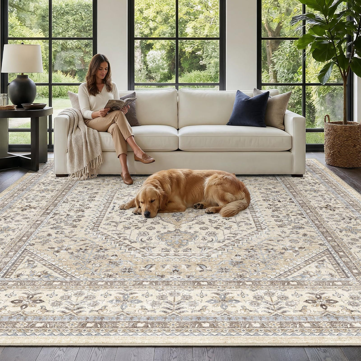 2x3 Washable Entryway Area Rug - Non-Slip Boho Throw Rugs Beige Gray