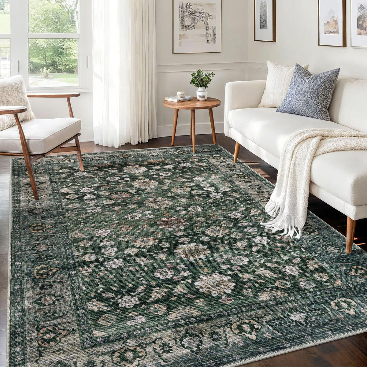 KUTA Vintage Floral Washable 2x3 Rugs for Entryway Blue Grey Beige