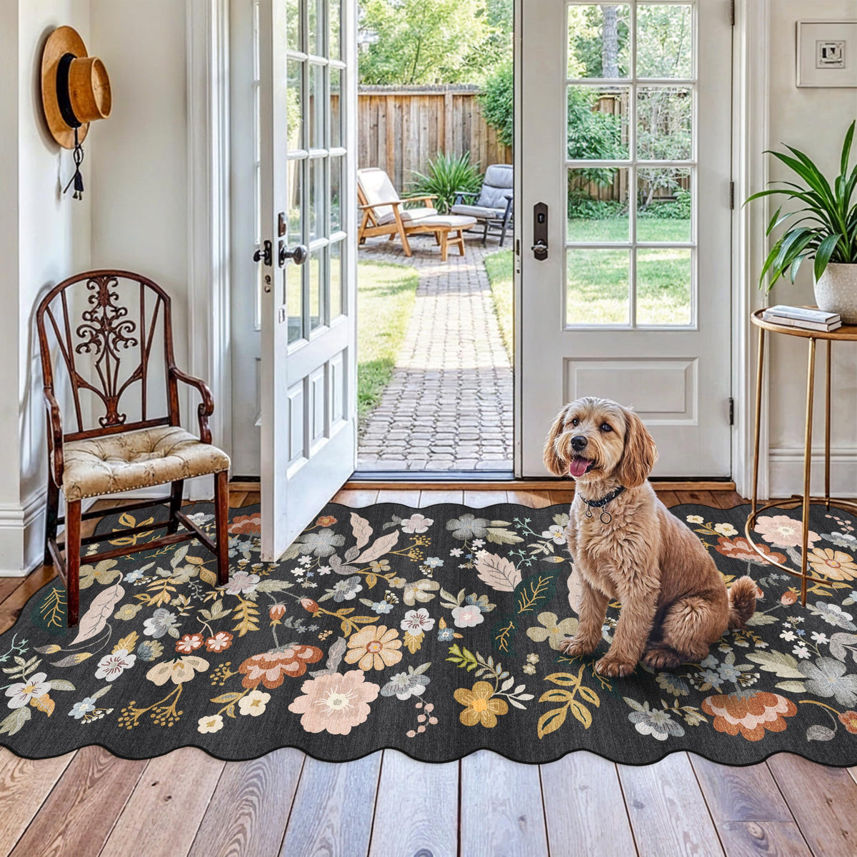 2x4 Rug Washable for Entryway - Non-Slip Scalloped Floral Throw Rug Black