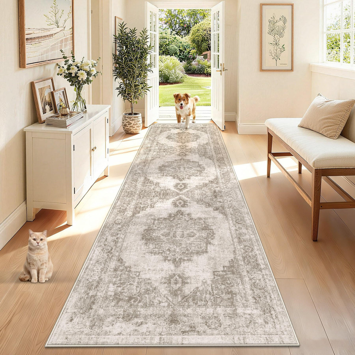 Runner Rug 2x6 Washable Rugs: Vintage Hallway Kitchen Runner Non Slip Low Pile Rug Runner Soft Stain Resistant Indoor Carpet Runners for Entryway Hall Bedroom Bedside (Beige, 2'x6')