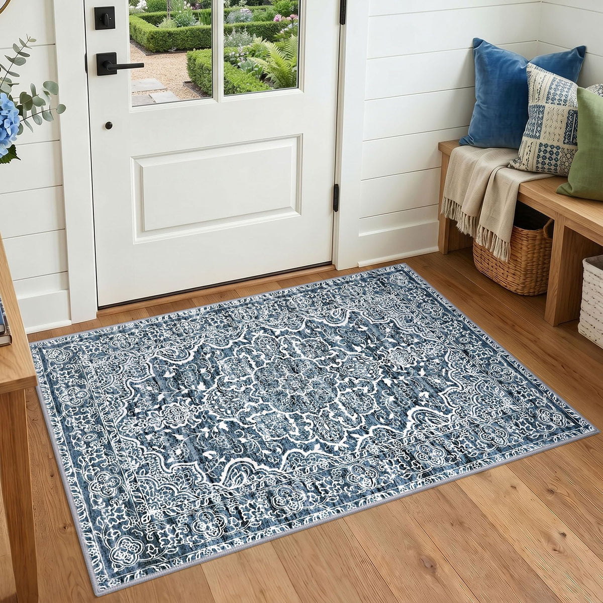 KUTA Entryway Rugs Indoor Washable Small Area Rug 2x3 Blue Entrance Carpet