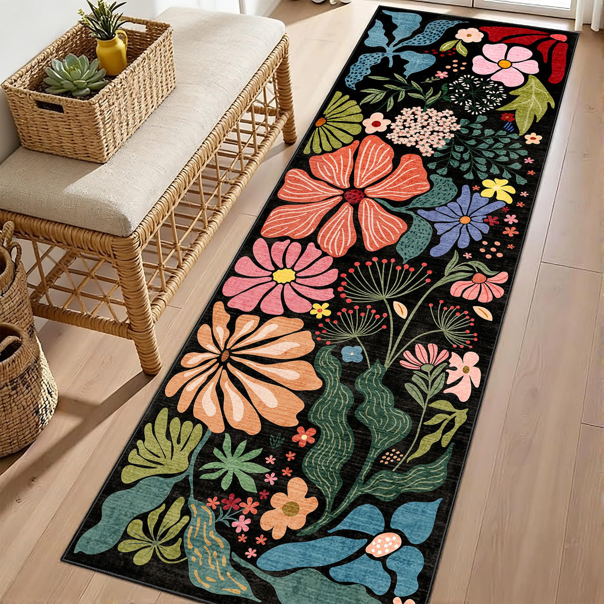 MUJOO Pink Washable 2x6 Runner Rugs Floral Area Rugs Non Slip Low-Pile
