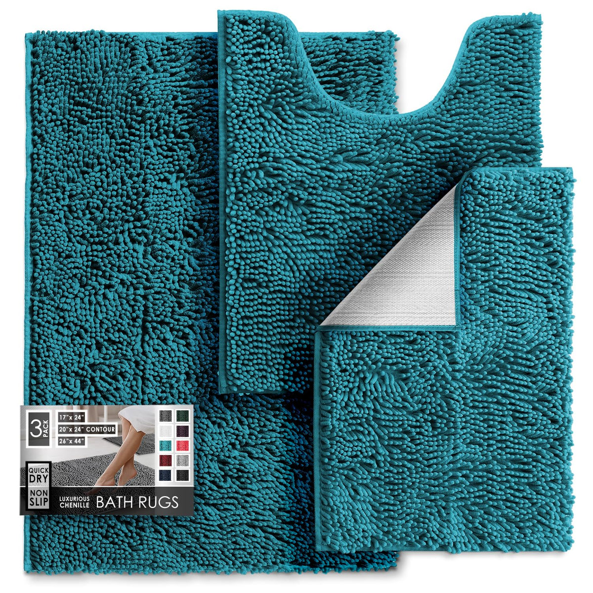 Hearth & Harbor Bathroom Rugs, Chenille Bath Mat - Machine Washable Bath Mats for Bathroom Non-Slip Backing Rubber, Quick Dry Bathroom Mat, 17 x 24 + 20 x 32 - Hunter Green