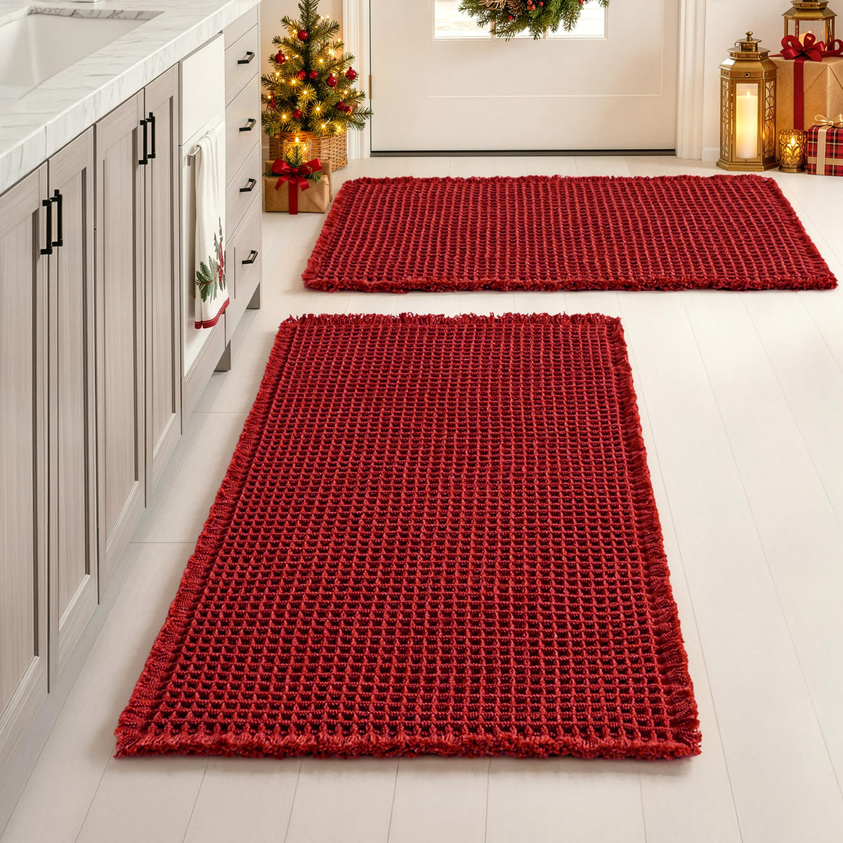 MIULEE Set of 2 Waffle Bathroom Rugs Boho Bath Mat Brown 18x30 Inch
