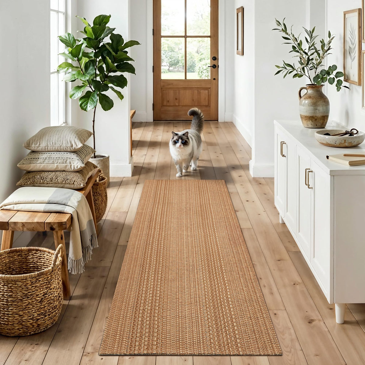 MatEssenz 2x3 Textured Washable Entry Rug, Natural Woven Low-Profile Door Mat with Non-Slip TPR Backing, Brown, for Entryway, Kitchen, Laundry Room