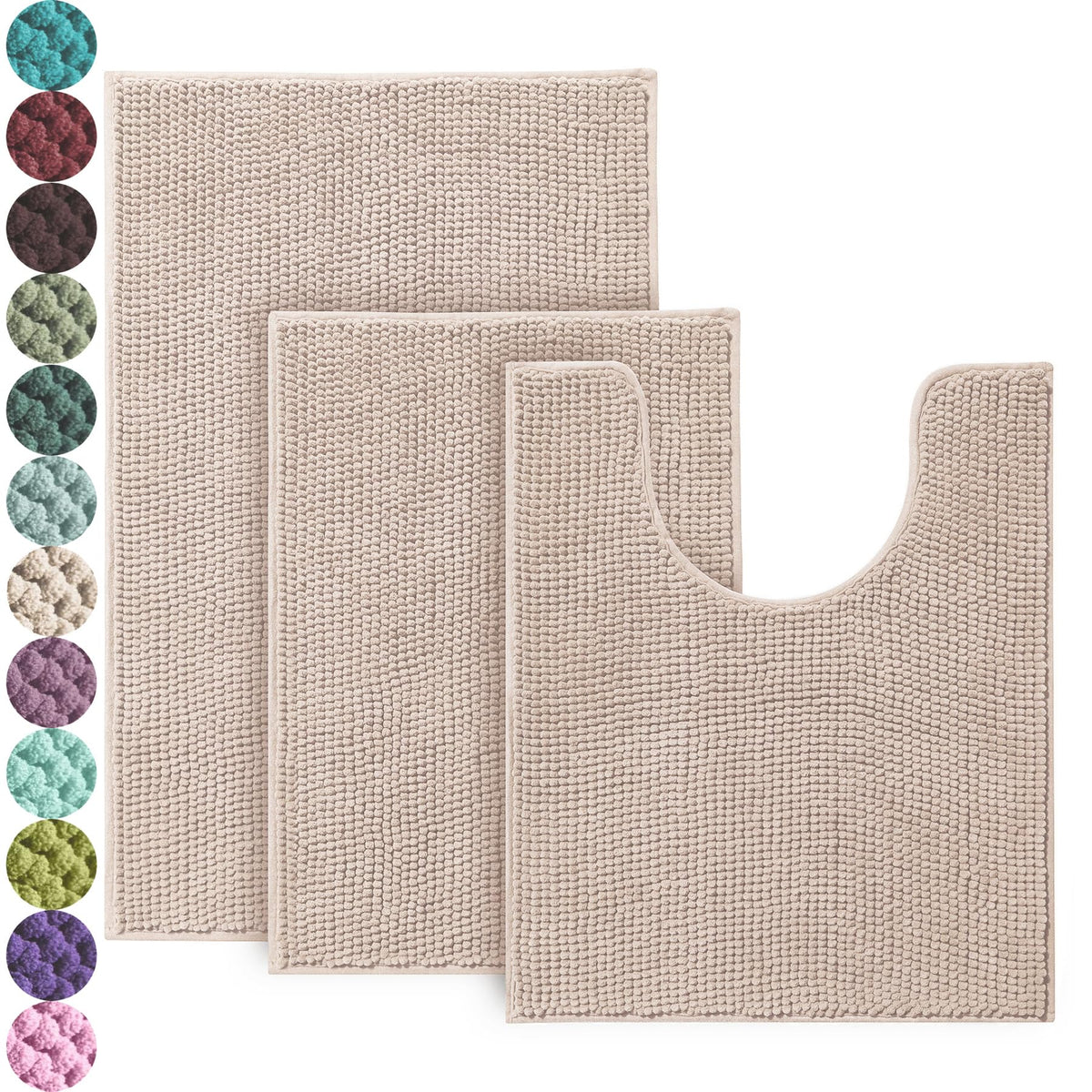 Urvoix Bathroom Rugs Sets 3 Piece, Non-Slip Chenille Bath Rug Set