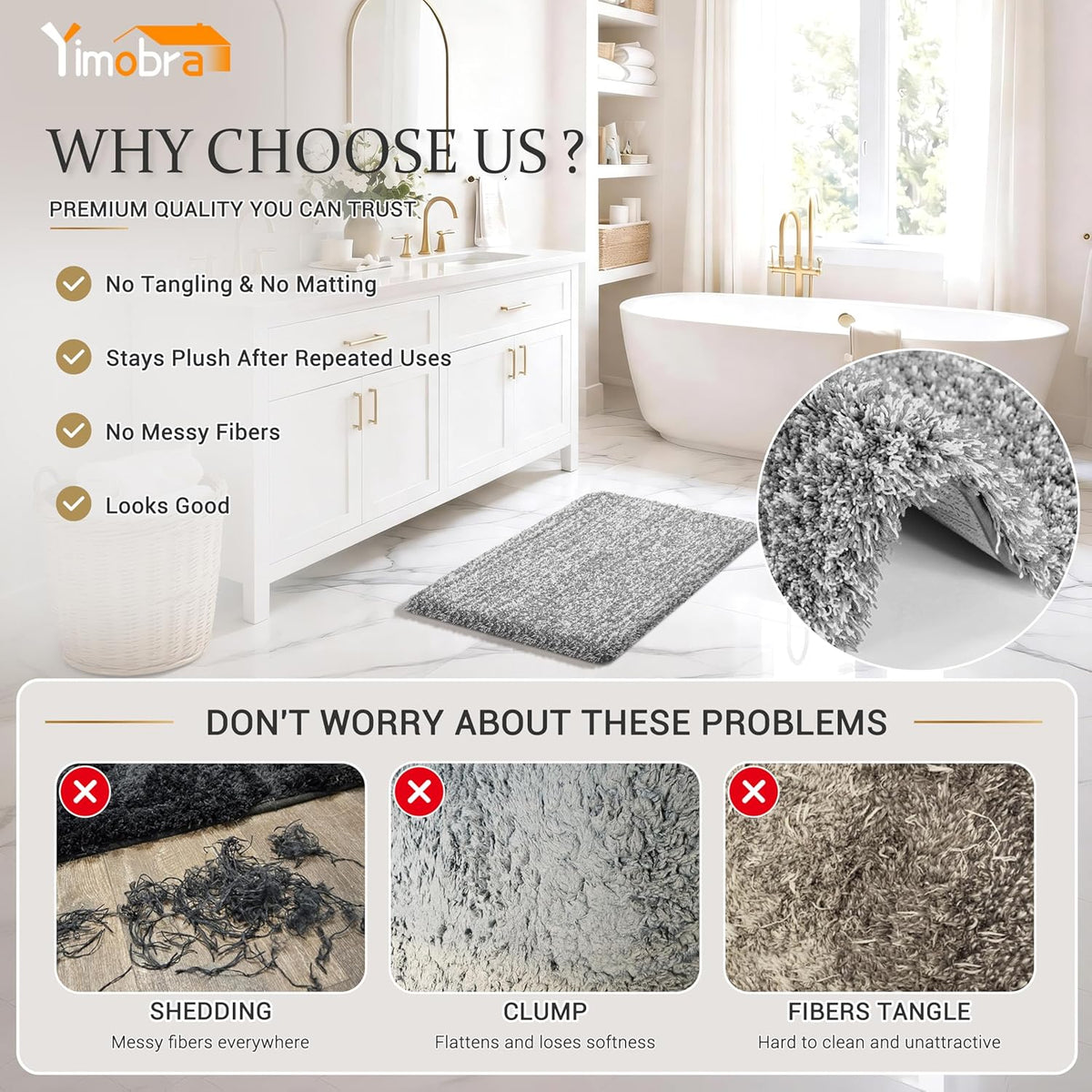 Yimobra Bathroom Rugs Non Slip Washable 32X20, Ultra Soft and Water Absorbent Bath Mats, Plush Fluffy Shower Mat Outside, Microfiber Thick Matts for Bathroom Floor/Tub, Light Gray and White