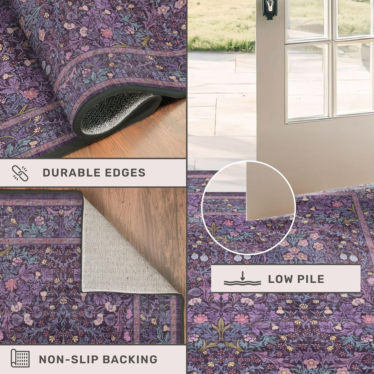 Washable Plum Purple Runner Rug 2x6 - Boho Rug Runner for Bathroom, Kitchen, Indoor Entryway, Low Pile Violet Carpet for Bedroom Bedside, Laundry Room, Hallway Mats for Floor, Stain Resistant