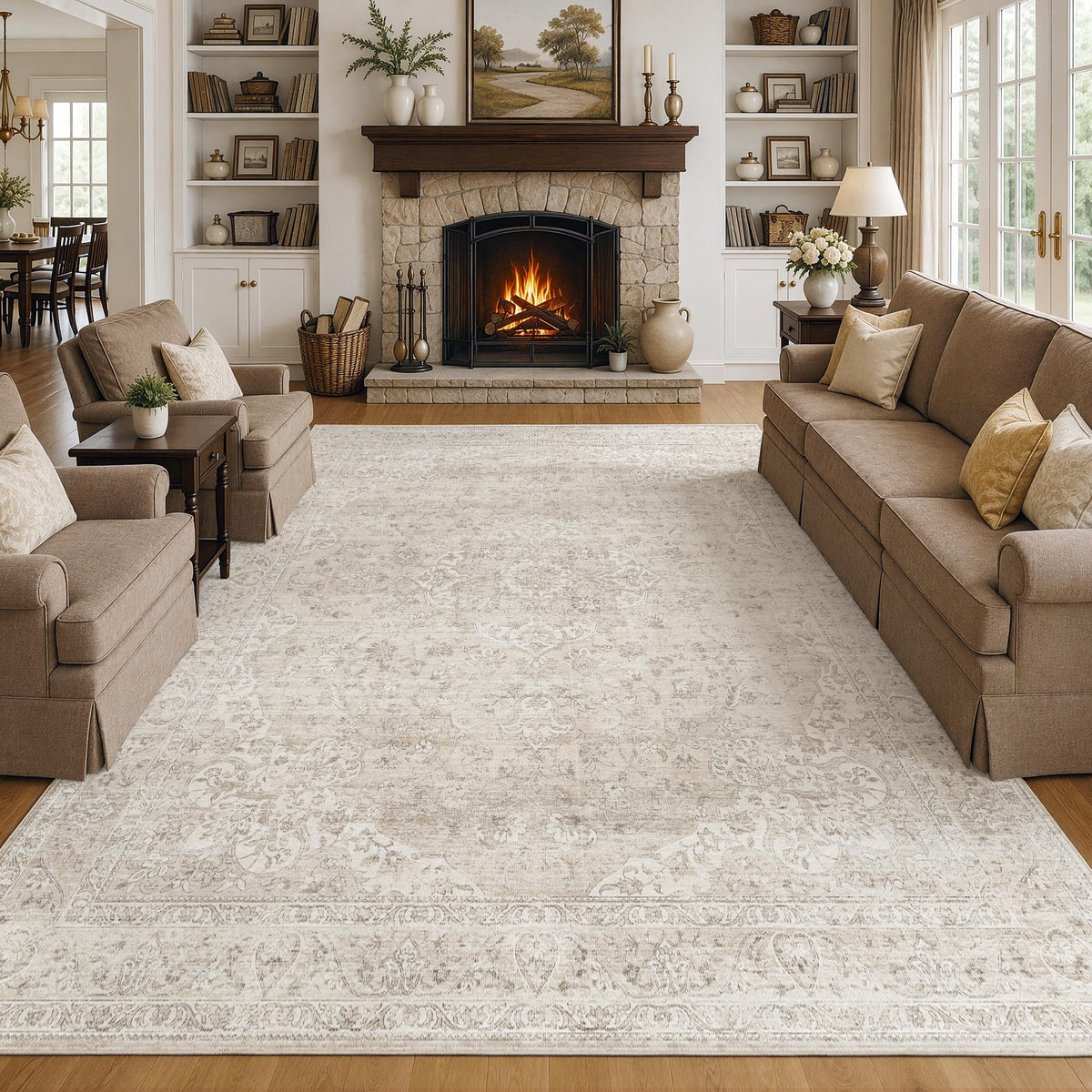 FMFUNCTEX 2x6 Hallway Runner Rug Washable Beige Neutral Vintage Distressed