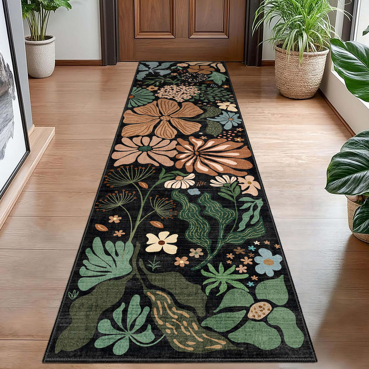 MUJOO Pink Washable 2x6 Runner Rugs Floral Area Rugs Non Slip Low-Pile