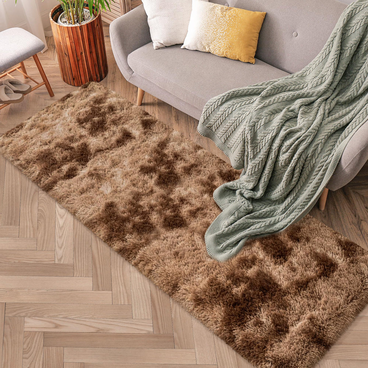 Soft Fluffy Beige Runner Rug for Bedroom, Bedside Long Rug Runner