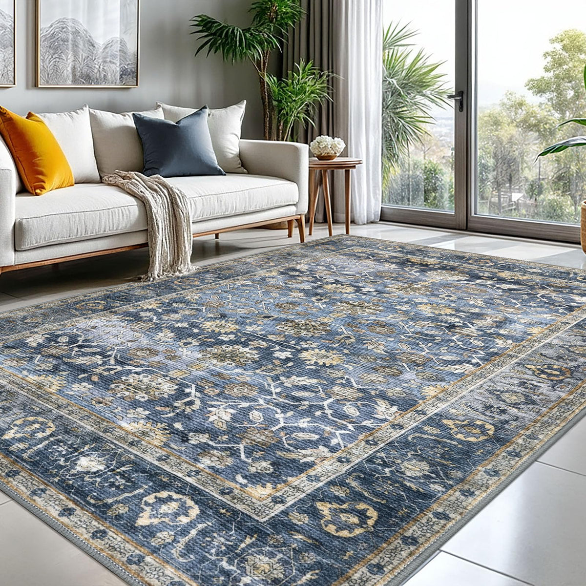 KUTA Vintage Floral Washable 2x3 Rugs for Entryway Blue Grey Beige