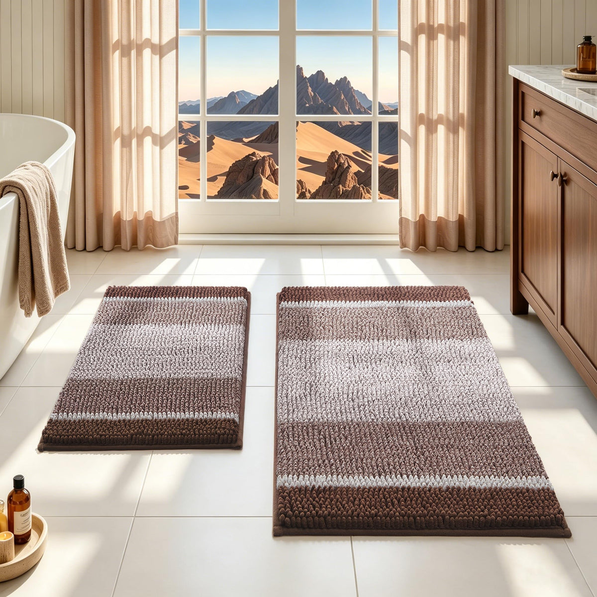 HOMEIDEAS Sage Green Bathroom Rugs Sets 2 Piece Chenille, 20"x32"+17"x24"