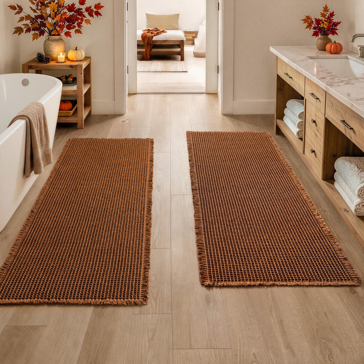MIULEE Set of 2 Waffle Bathroom Rugs Boho Bath Mat Brown 18x30 Inch